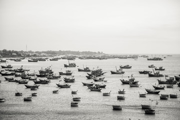 boats sunset in Vietnam