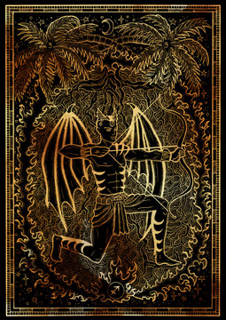 Zodiac sign Archer or Sagittarius on black texture background. Hand drawn fantasy graphic illustration in frame. Hand drawn fantasy graphic illustration in frame