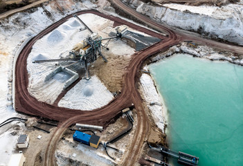 Aerial view of the processing plant with the sand fractionator at the edge of a quartz sand quarry...