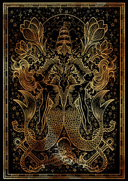 Zodiac sign Fish or Pisces on black texture background. Hand drawn fantasy graphic illustration in frame. Hand drawn fantasy graphic illustration in frame