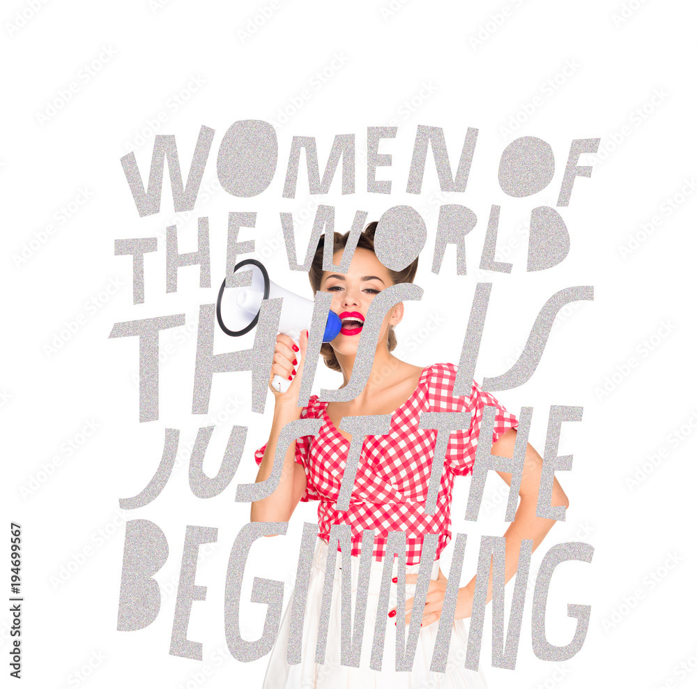 Wall mural portrait of fashionable young woman in pin up style clothing with loudspeaker and feminism lettering on foreground isolated on white