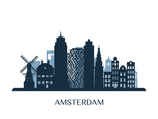 Amsterdam skyline, monochrome silhouette. Vector illustration. - obrazy, fototapety, plakaty