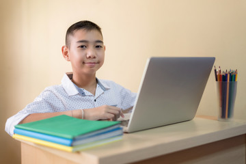 A smiling young schoolboy concentrated at a laptop computer.Use it for a school, study or learning concept.