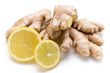 Ginger bio and lemon on white background.