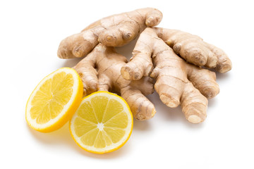 Ginger bio and lemon on white background.