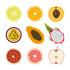 Set of isolated colored slices of lemon, orange, apricot, passion fruit, pawpaw, dragon fruit, pink grapefruit and red apple on white background. Realistic red, orange and yellow fruit collection.