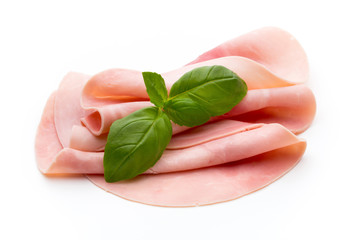 Sliced boiled ham sausage isolated on white background, top view.