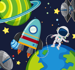 Astronaut and spaceship floating in the space