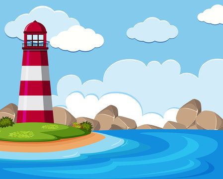 Background scene with lighthouse by the sea
