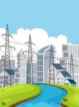 City scene with electricity poles and buildings