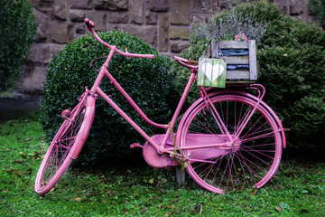 Fototapeta na wymiar Old-fashioned pink bike with a wooden box with a picture of the heart.