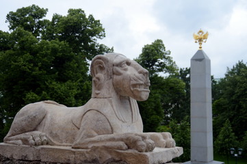 Sculpture of a lion on a grotto in the Alexander Garden of the Moscow Kremlin.