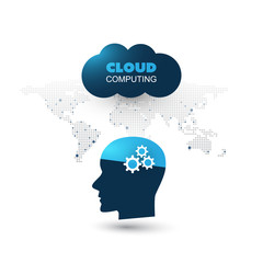 Machine Learning, Artificial Intelligence, Cloud Computing and Networks Design Concept with World Map and Human Head
