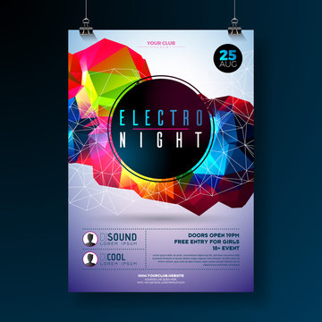 Night dance party poster design with abstract modern geometric shapes on shiny background. Electro style disco club template for abstract music event flyer invitation or promotional banner.