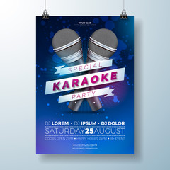 Vector Flyer illustration on a Karaoke Party theme with microphones and ribbon on dark blue background.