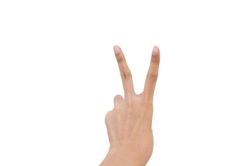 Hand with two fingers show number two on isolated background.
