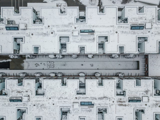 Aerial view of snow covered rooftops in residential area in city of Zurich, Switzerland
