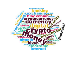words cloud digital crypto currency keywords, illustration on white background