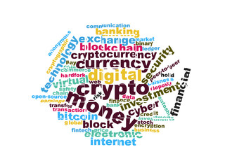words cloud bitcoin blockchain digital crypto currency illustration on white background