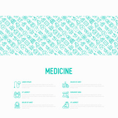 Fototapeta na wymiar Medicine concept with thin line icons: doctor, ambulance, stethoscope, microscope, thermometer, hospital, z-ray image, MRI scanner. Modern vector illustration for medical survey, report, web page.
