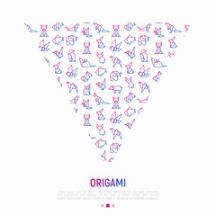 Origami concept in triangle with thin line icons: penguin, camel, fox, bear, sparrow, fish, mouse, bird, elephant, kangaroo, hare, seal, raccoon. Modern vector illustration for workshop, banner.