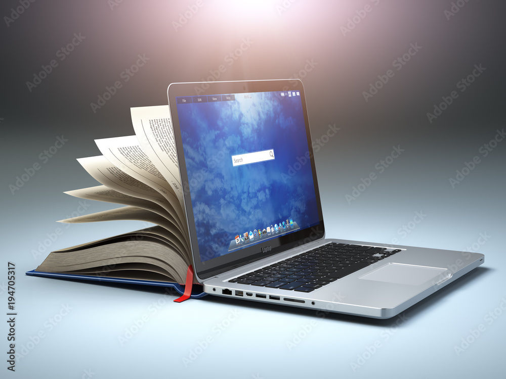 Poster online library or e-learning concept. open laptop and book compilation.
