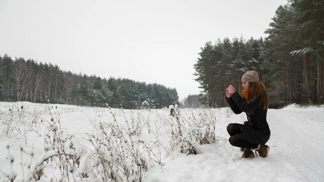 Woman taking photo of beautiful landscape with phone. Winter lifestyle.