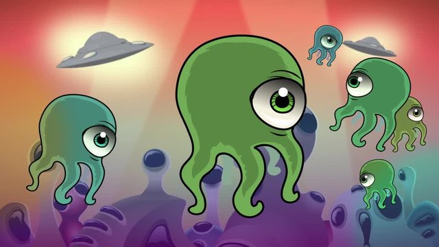 One eyed aliens floating in the sky with UFOS. 2D Animation