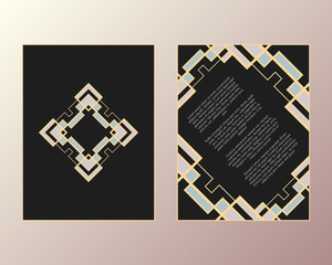 Vector cards. Art Deco style. Geometric frame and poster with diamond logo.