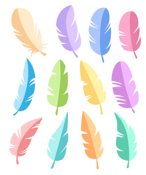Feathers of different shapes vector set. Icons feathers in a flat style. Isolated on a white background. Collection of silhouettes of colorful feathers.
