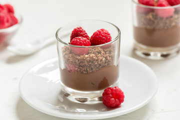 Chocolate dessert with raspberries