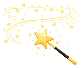 Decorative magic wand with a magic trace. Star shape magic accessory. Magical girl cartoon power. Vector illustration isolated on white background. Web site page and mobile app design - obrazy, fototapety, plakaty