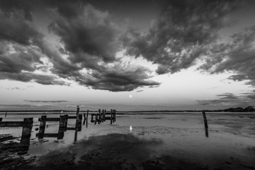 Moonrise on the Jetty in mono