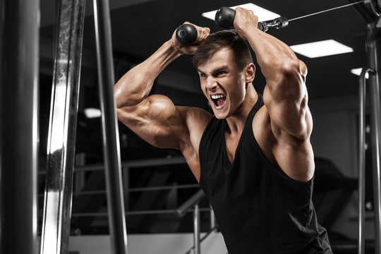 Muscular Man Working Out In Gym, Bodybuilder Strong Male