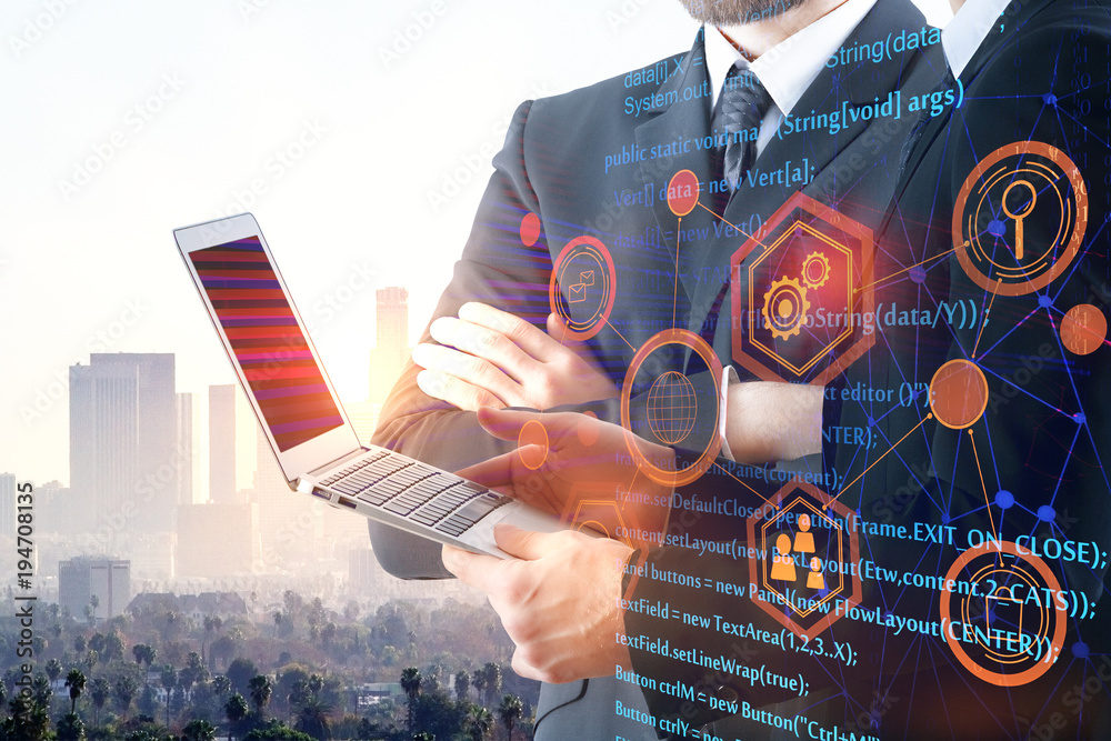 Aufkleber businessmen using laptop with html code