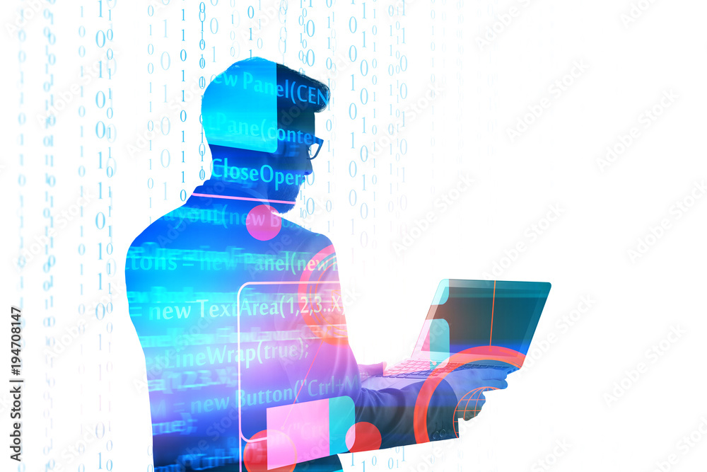 Poster Businessman using laptop with HTML code