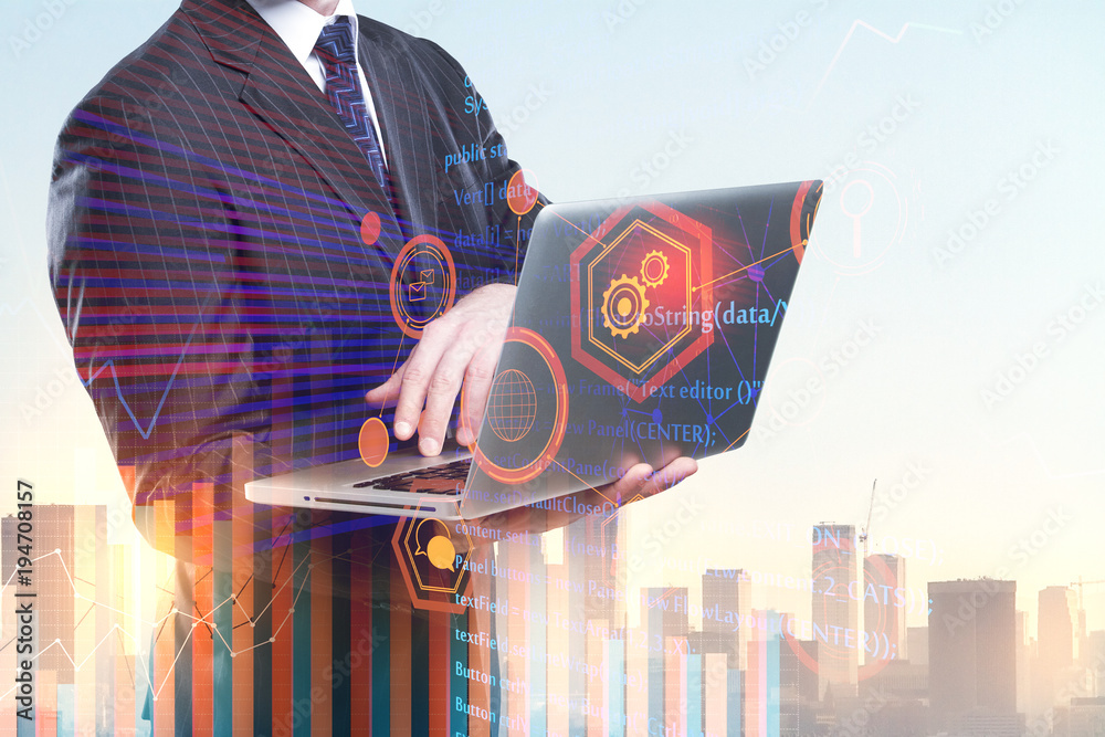 Poster Businessman using laptop with HTML code