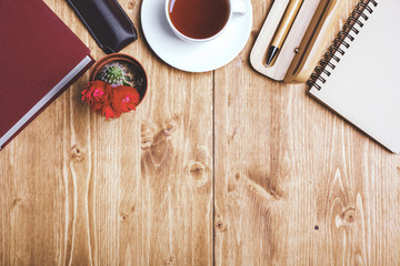 Wooden tabletop with objects