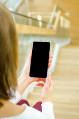 Close Up Hipster Business Woman Using Smart Mobile Phone App Outdoor Black Oled Display Background Office Modern Stylish Dressed