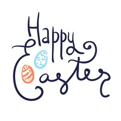 Black handwritten doodle Happy Easter text with two cute color eggs. Funny comic Easter lettering for greeting card, spring holiday invitation design