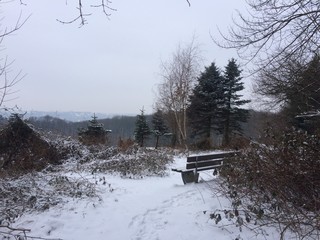 Aussichtspunkt mit Bank im Schnee