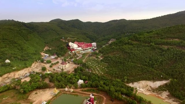 Aerial view of Win Sein Taw Ya Reclining Buddha in Mawlamyine, Myanmar (Burma), the world's largest reclining buddha statue.