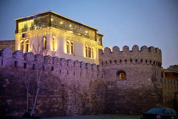 Icheri Sheher in Baku. Azerbaijan . Gate of the old fortress, entrance to night Baku old town. Baku, Azerbaijan. Walls of the Old City in Baku . Icheri Sheher is a UNESCO World Heritage Site