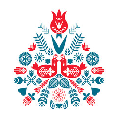 Symmetrical composition of ethnic elements. The Nordic spring set for design. Flowers, birds and leaves