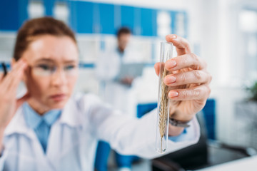 selective focus of female scientist looking at flask in hand with colleague behind in lab