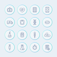 medicine line icons set, healthcare, pharmaceutics, drugs, medicine chest, ambulance, therapy, thermometer