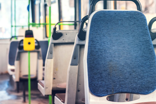 Interior Of The Bus. Seat Places In Front Side Of Bus With Turnstile