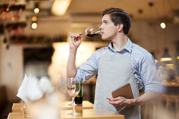 Young expert sampling red wine at restaurant