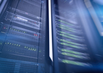 Modern supercomputers in computational data center. Server room. Web internet and network telecommunication technology, big data storage and cloud computing computer service business concept.