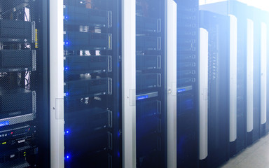 Server room. Web internet and network telecommunication technology, big data storage and cloud computing computer service business concept.